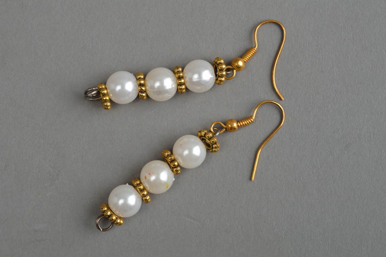 White beaded earrings unusual handmade accessories stylish female jewelry photo 2