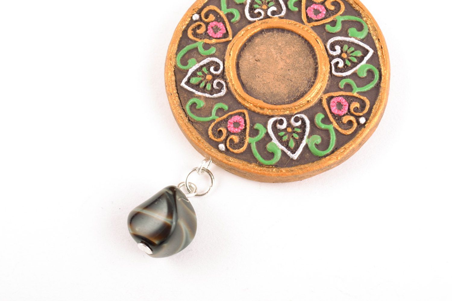 Handmade round ceramic pendant with floral ornament painted with acrylics on cord photo 5