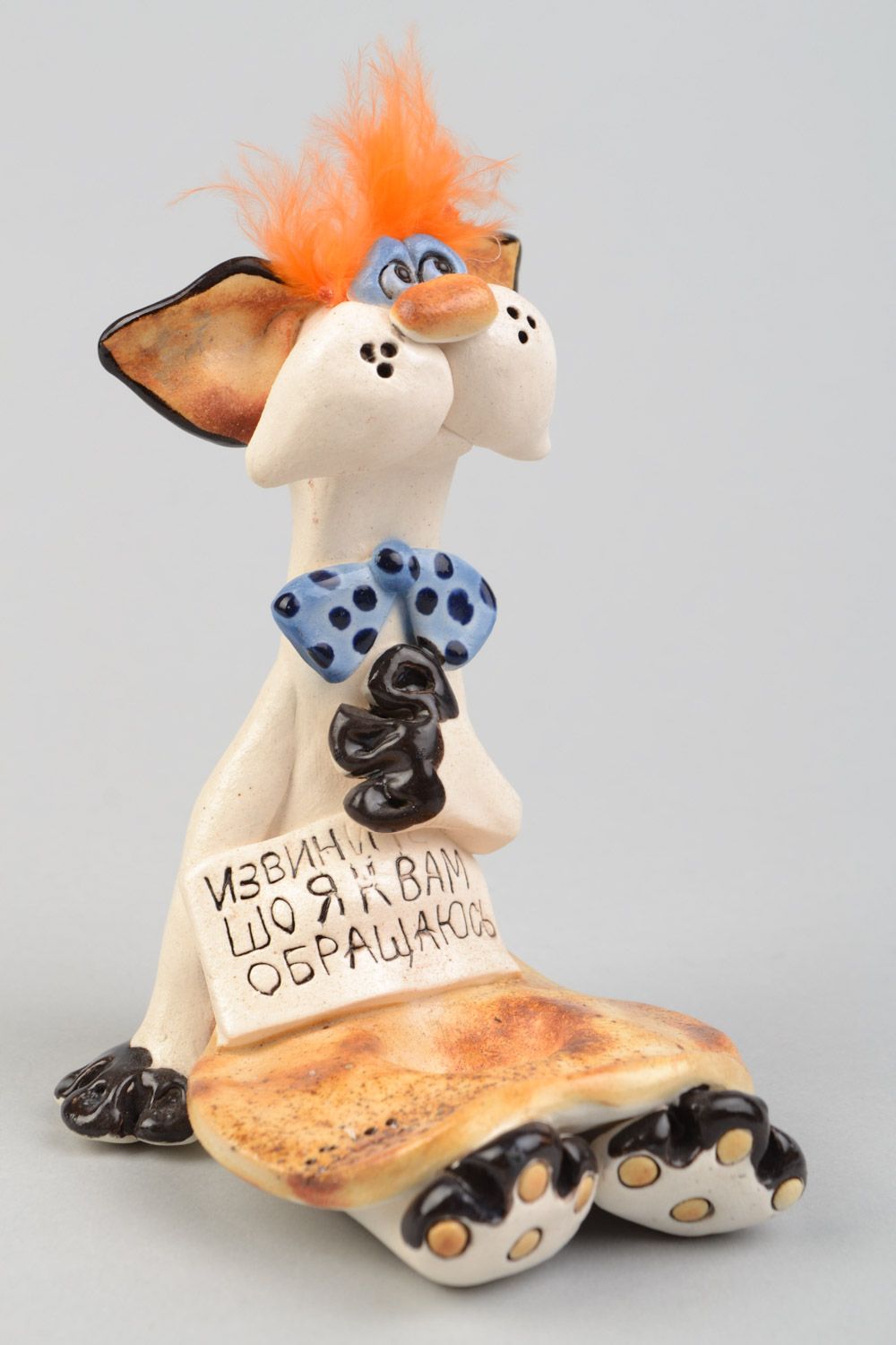 Handmade decorative ceramic painted figurine cat-beggar funny cute statuette for decor photo 1