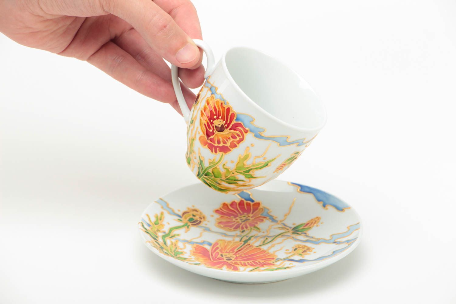 Elegant Japanese tea cup with handle and saucer with flower patter photo 5