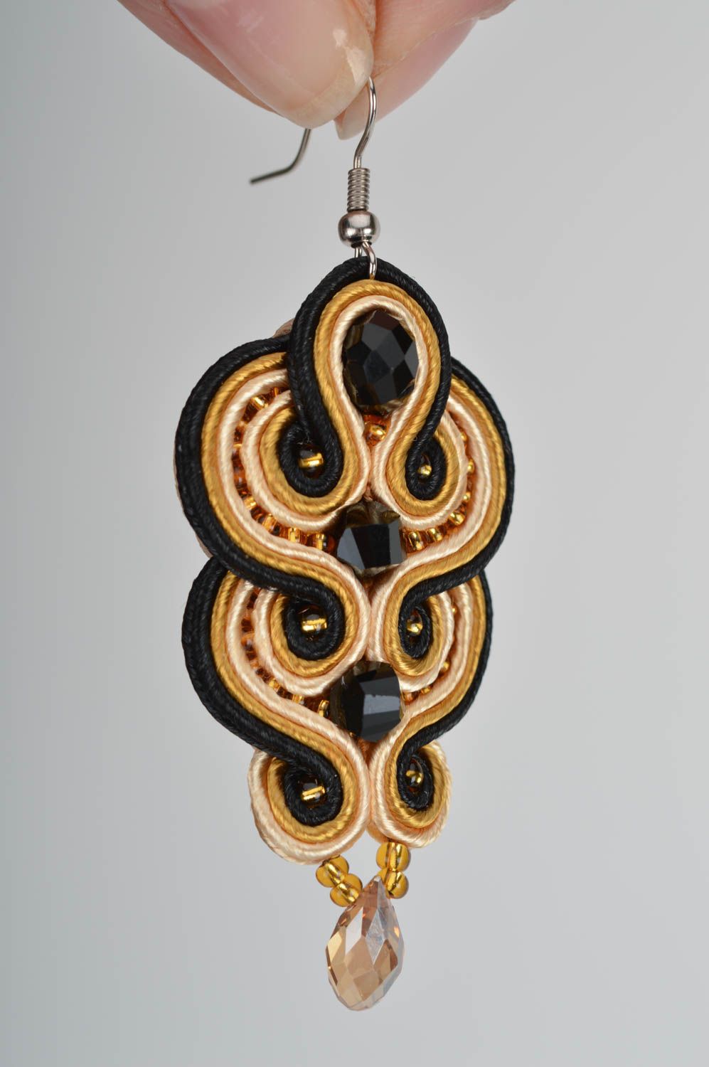 Beautiful long massive handmade soutache earrings with crystals photo 3
