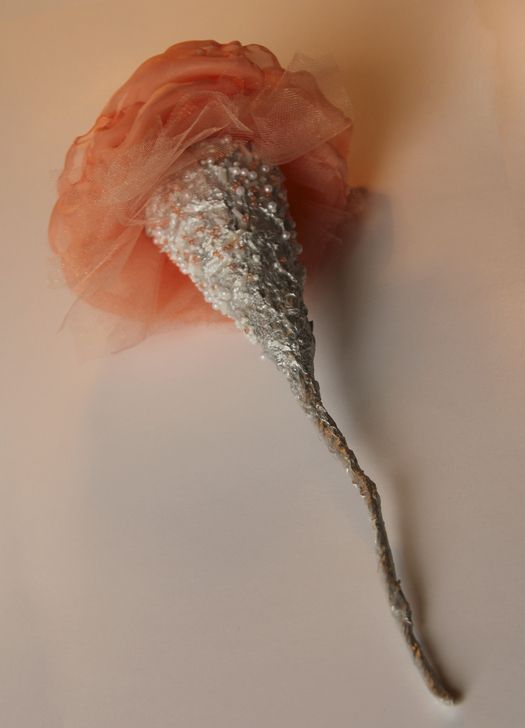 Handmade crystalon and tulle flower with beads of coral color photo 1