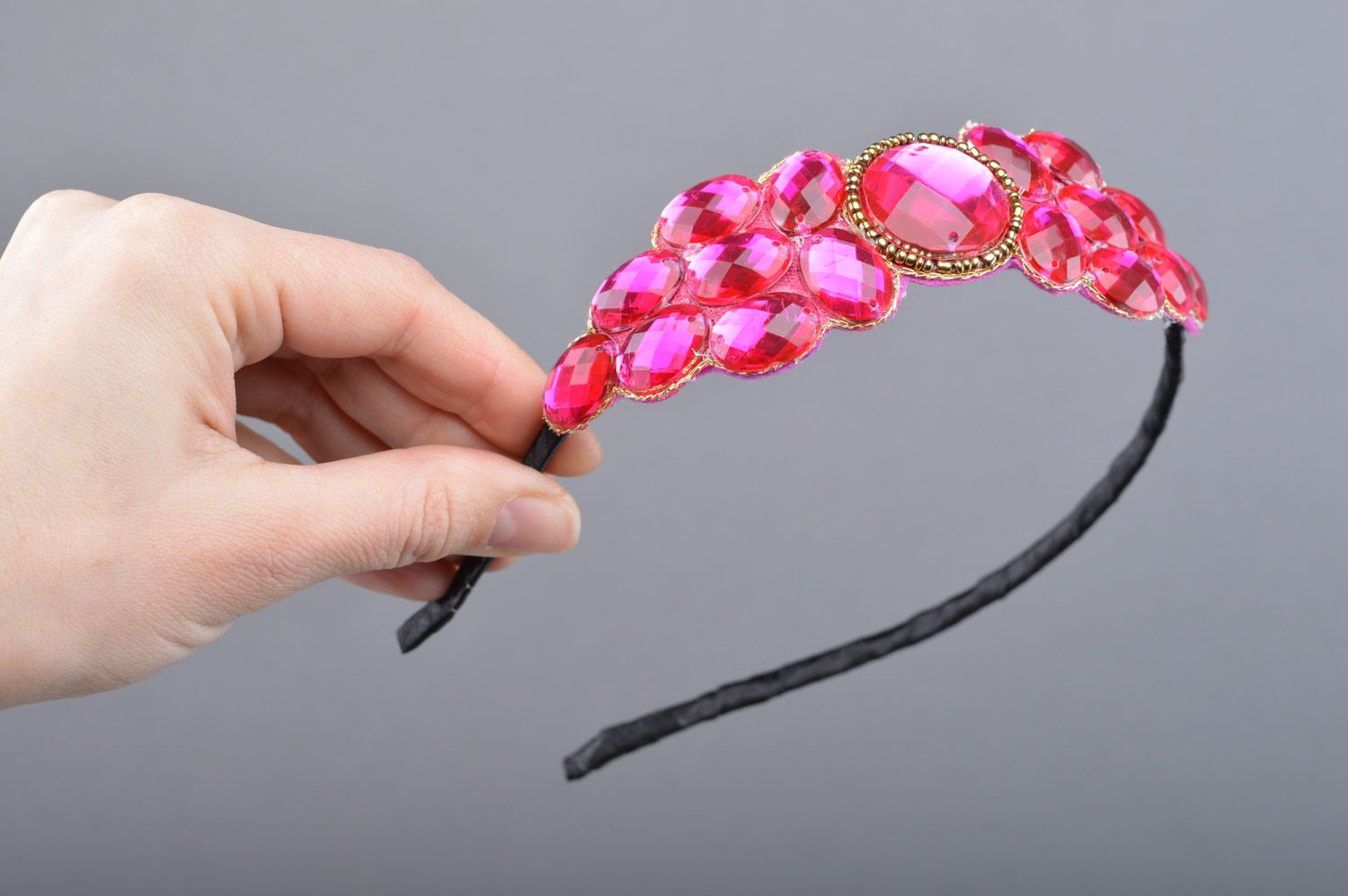 Thin handmade headband with stones and beads of crimson color for girls photo 3