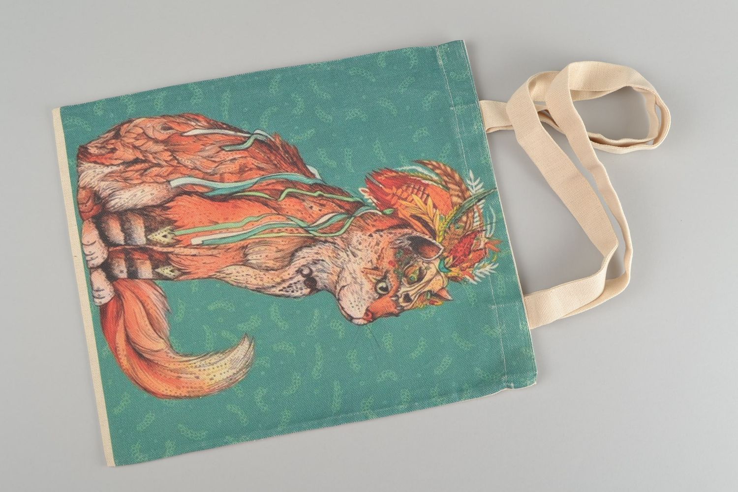Handmade designer women's bag sewn of fabric with bright print of ginger cat photo 2
