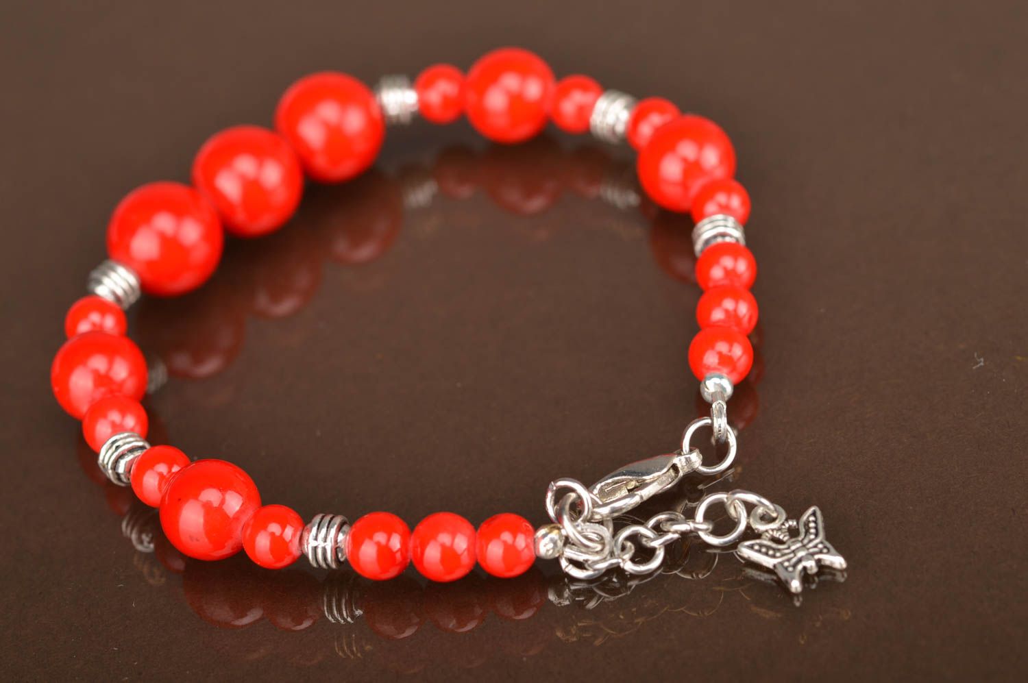 Unusual beautiful homemade designer wrist bracelet with red beads gift for girls photo 4