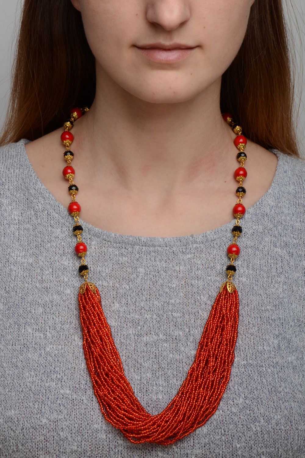 Handmade multi row necklace woven of Czech and wooden beads of red and black colors photo 5