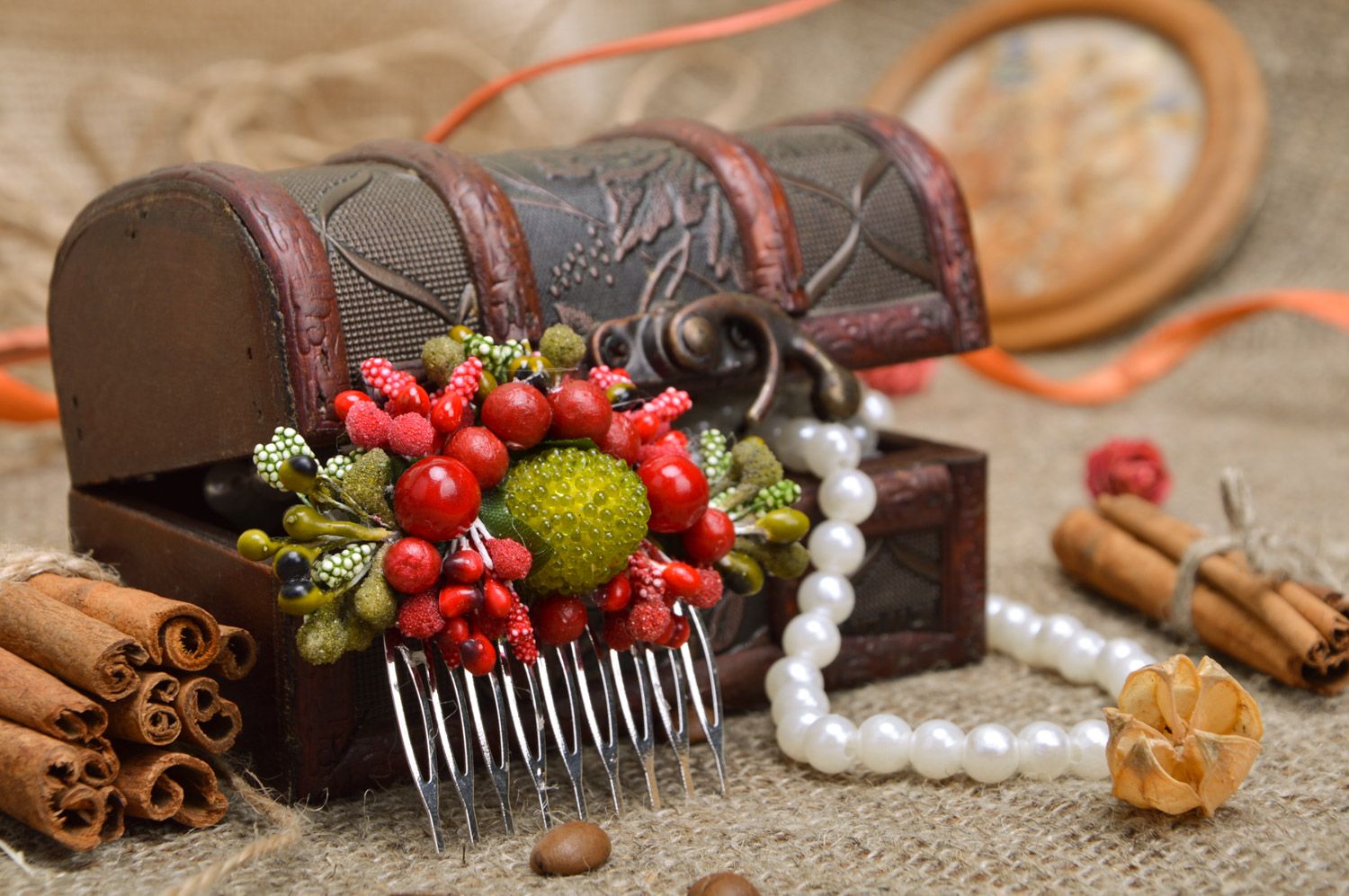 Beautiful handmade decorative metal hair comb with volume flowers and berries photo 1