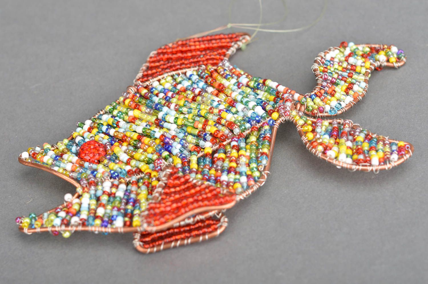 Handmade bright colorful beaded wall hanging decoration in the shape of fish photo 2