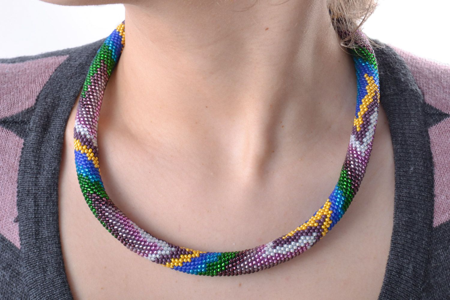 Handmade multi-colored Czech bead cord necklace with unusual design photo 1
