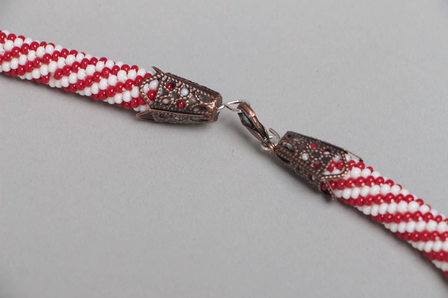 Handmade stylish long red and white beaded cord necklace for women photo 4