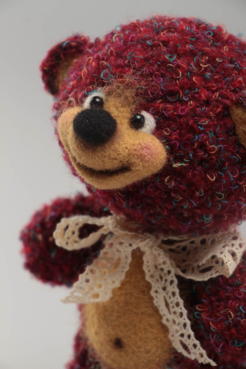 Handmade small soft toy crocheted of textures yarns and wool Bear for children photo 3