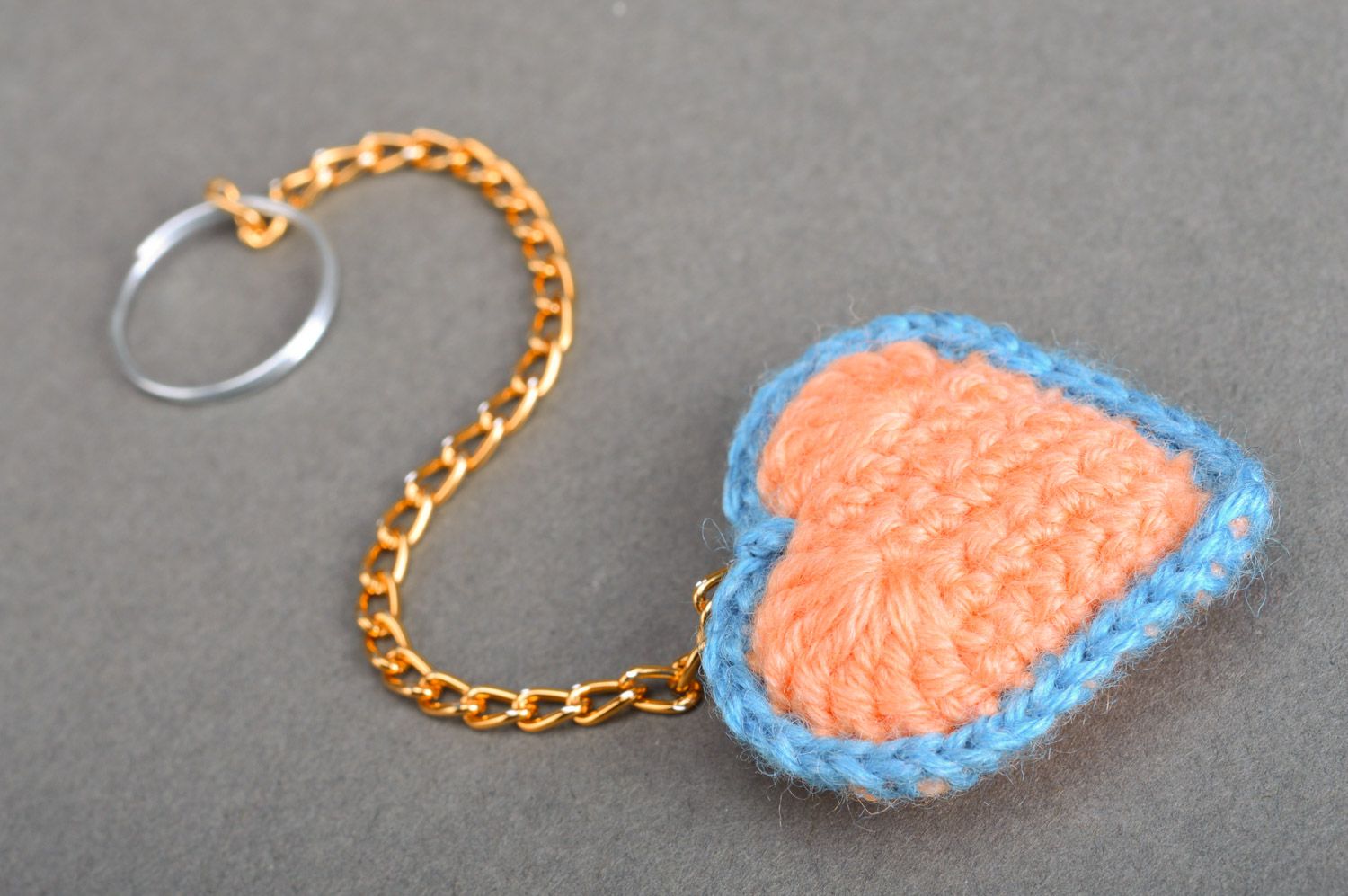 Handmade cute heart-shaped keychain crocheted of semi-woolen peach threads photo 2