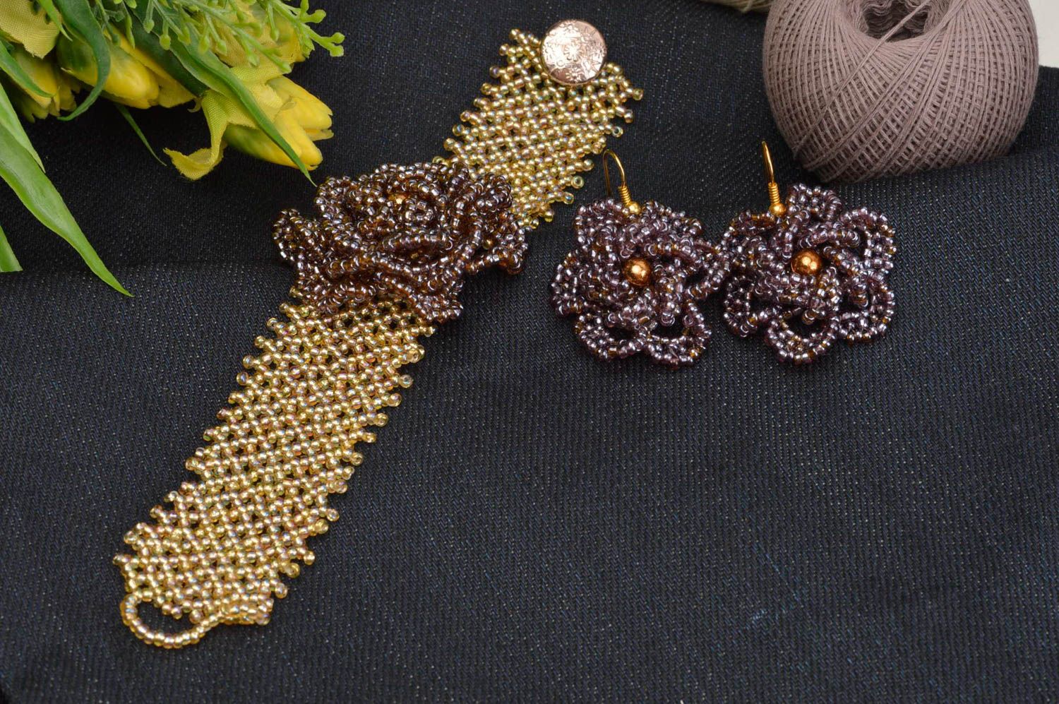 Beautiful handmade beaded earrings beaded bracelet artisan jewelry set photo 1