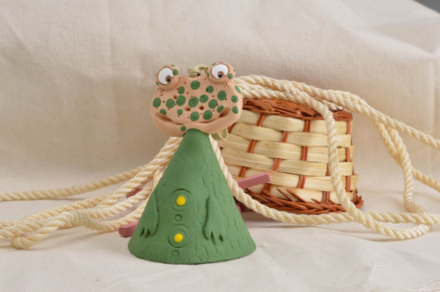 Handmade cute clay bell in shape of frog decorated with acrylic paints photo 1