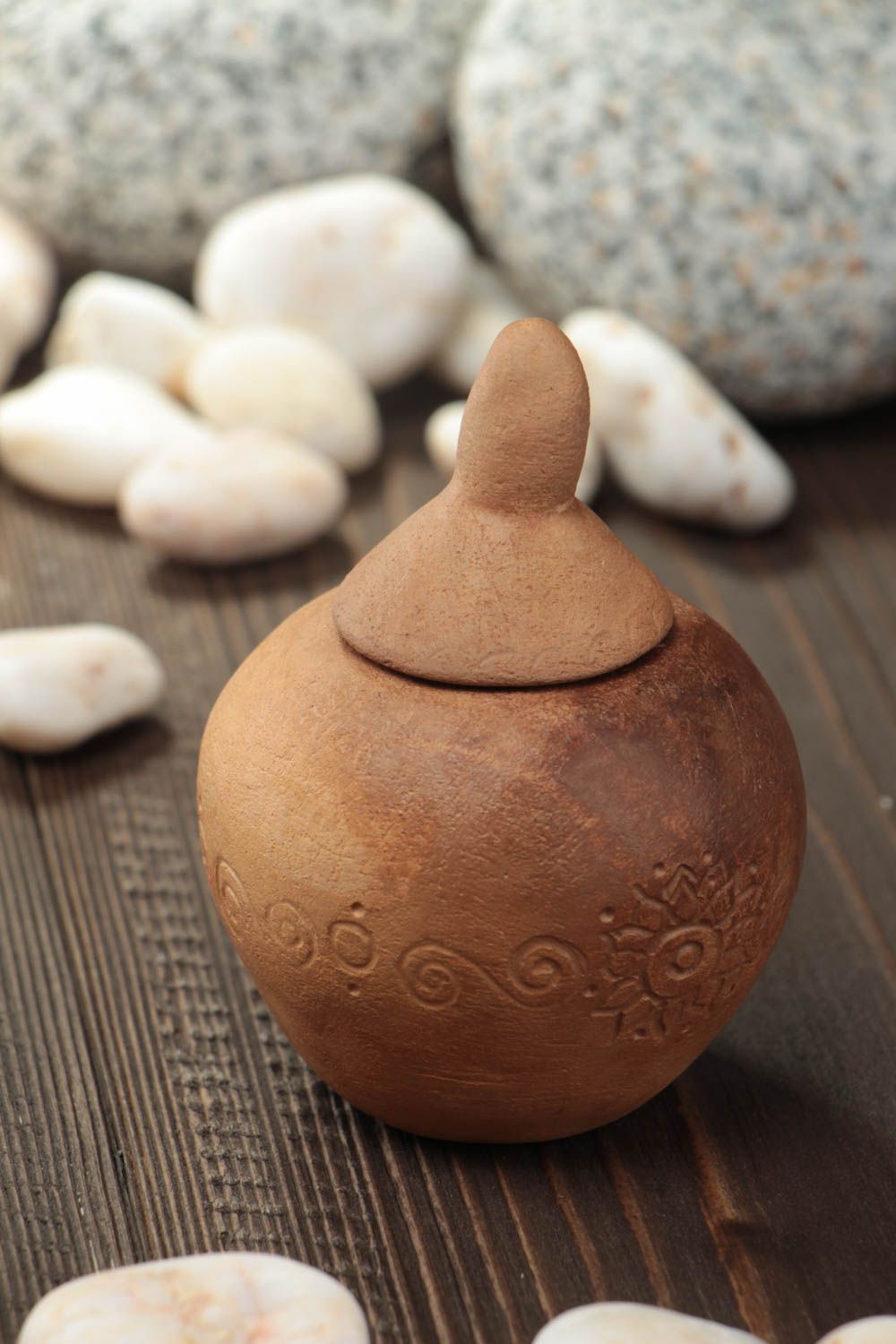 Unusual large beautiful brown clay salt pot with lid 70 ml photo 1