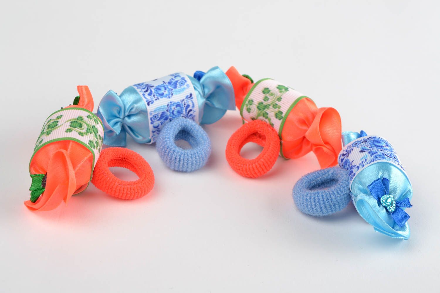 Set of beautiful handmade designer textile hair ties 4 pieces for children photo 4
