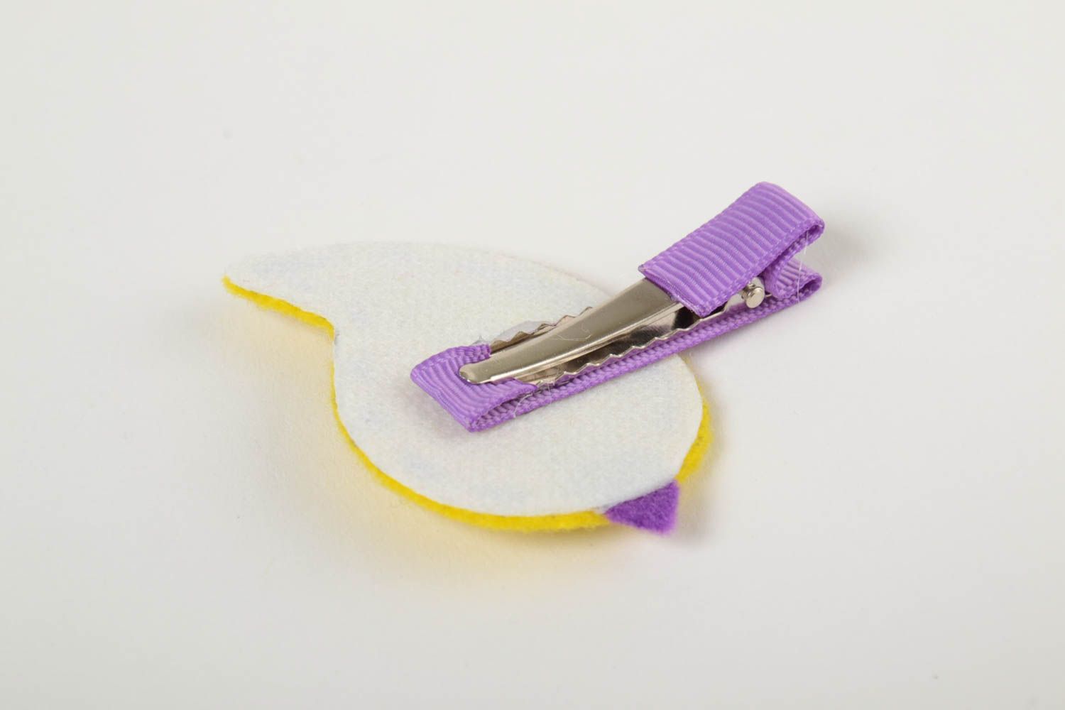 Handmade hairpin made of rep ribbons and fleece for baby Bird yellow and purple photo 3