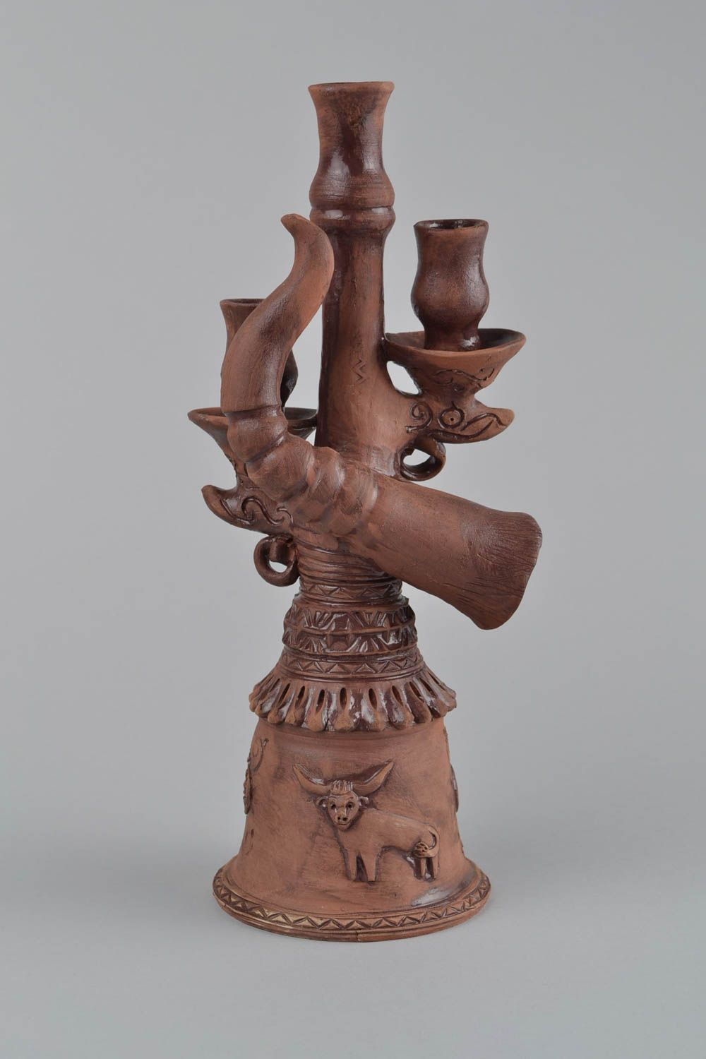 Candelero de arcilla marrón hecho a mano esmaltado original para tres velas  foto 3