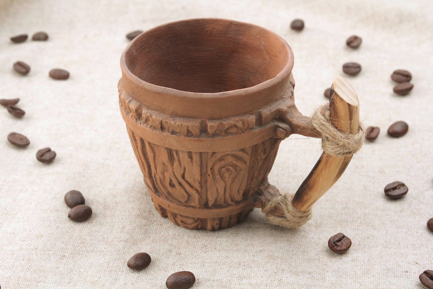 Clay not glazed lead-free cup with fake wood pattern and wide handle  photo 1