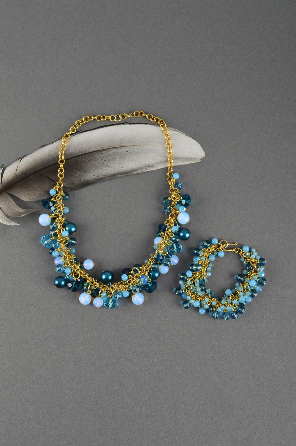 Parure collier bracelet Bijoux faits main bleus avec pierre de Lune Cadeau femme photo 1
