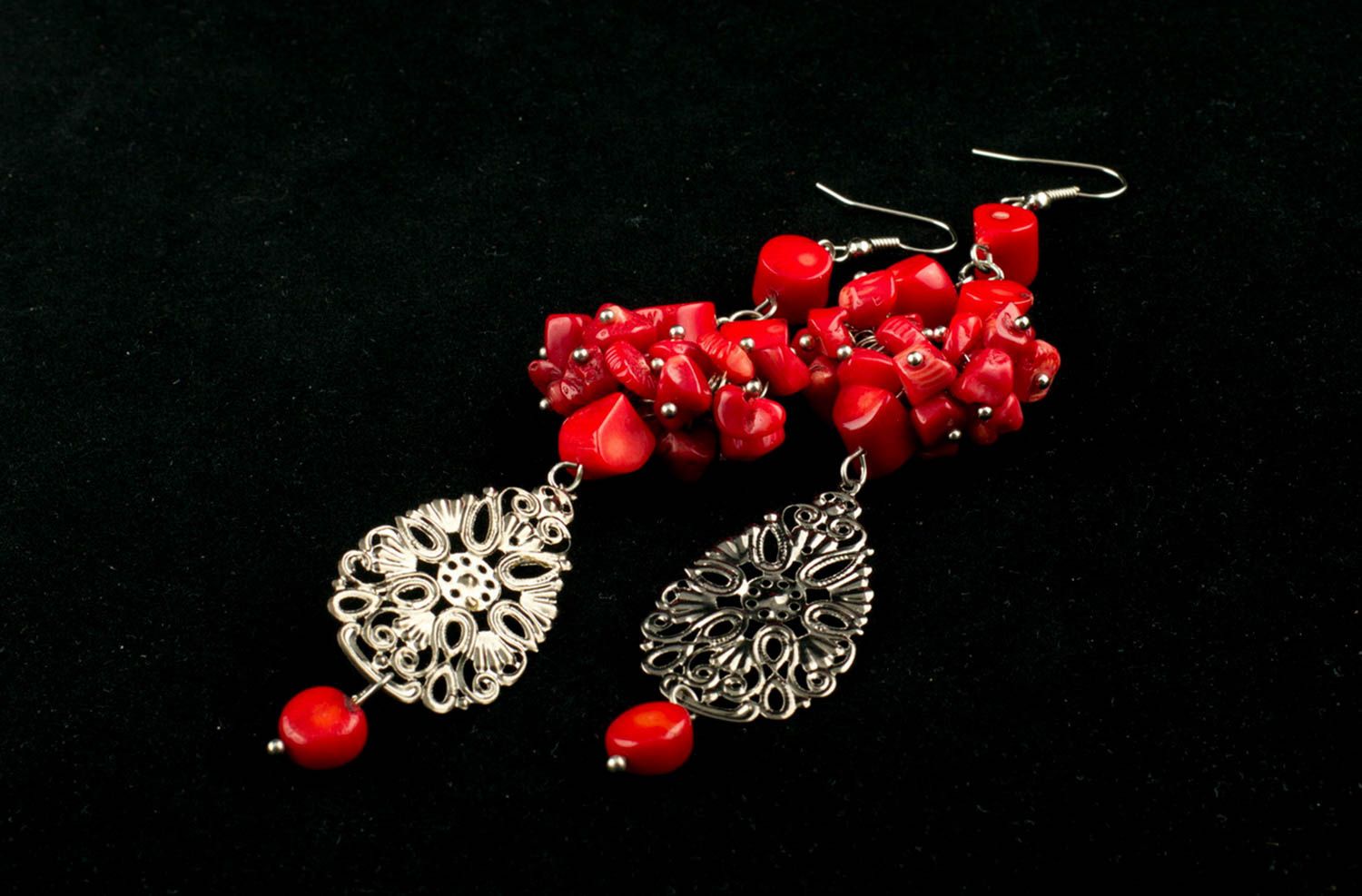 Handmade earrings earrings with natural coral stone earrings with charms  photo 5