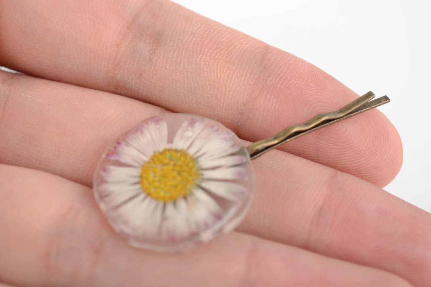 Handmade decorative metal hair pin with natural dried flower in epoxy resin photo 3