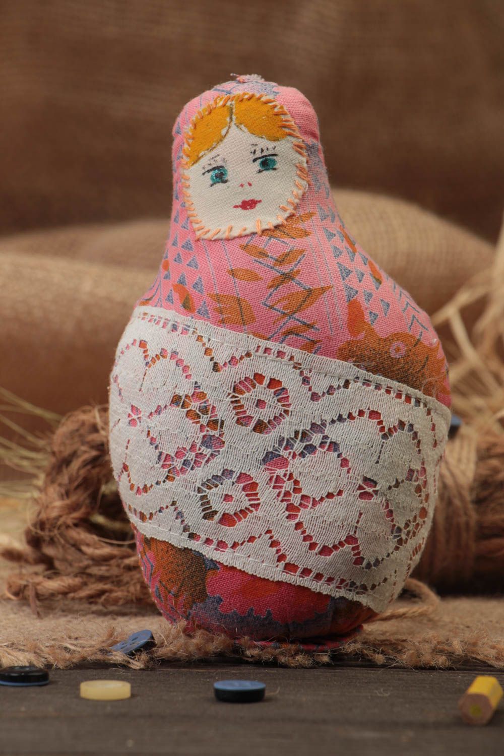 Handmade designer soft toy sewn of chintz nesting doll with lace colorful  photo 1