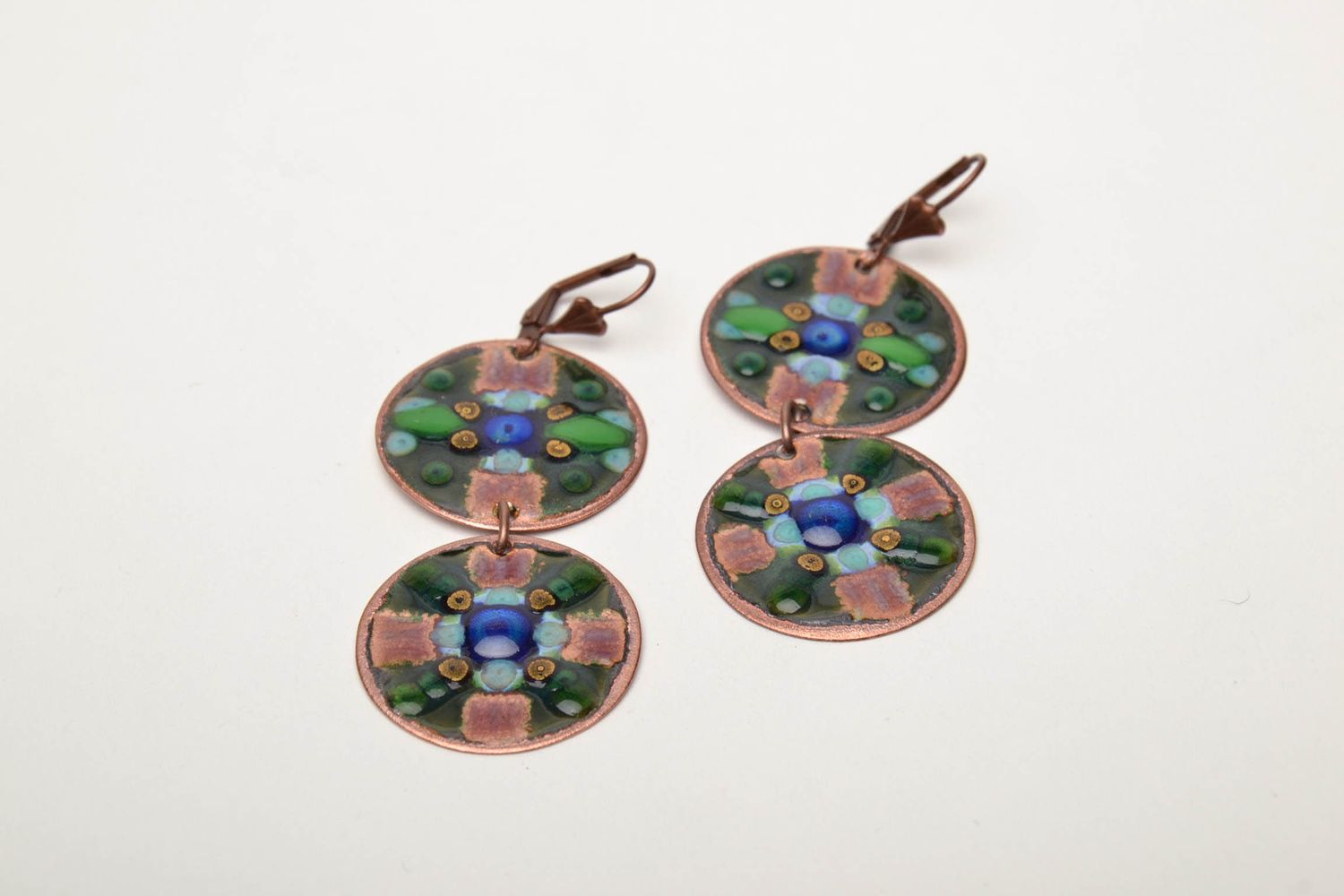 Handmade copper earrings painted with enamels photo 3