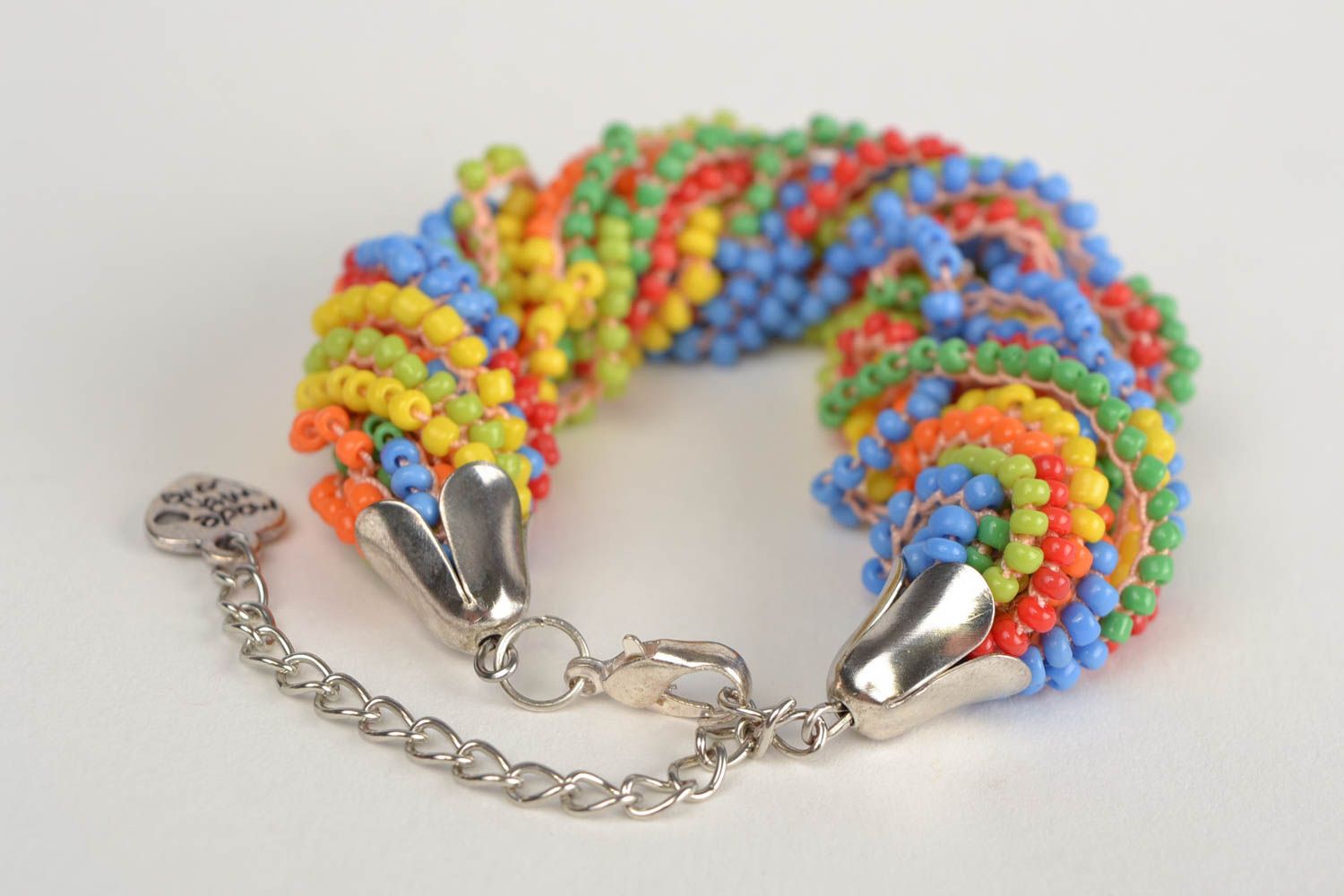 Handmade colorful wrist bracelet crocheted of cotton threads and seed beads photo 5