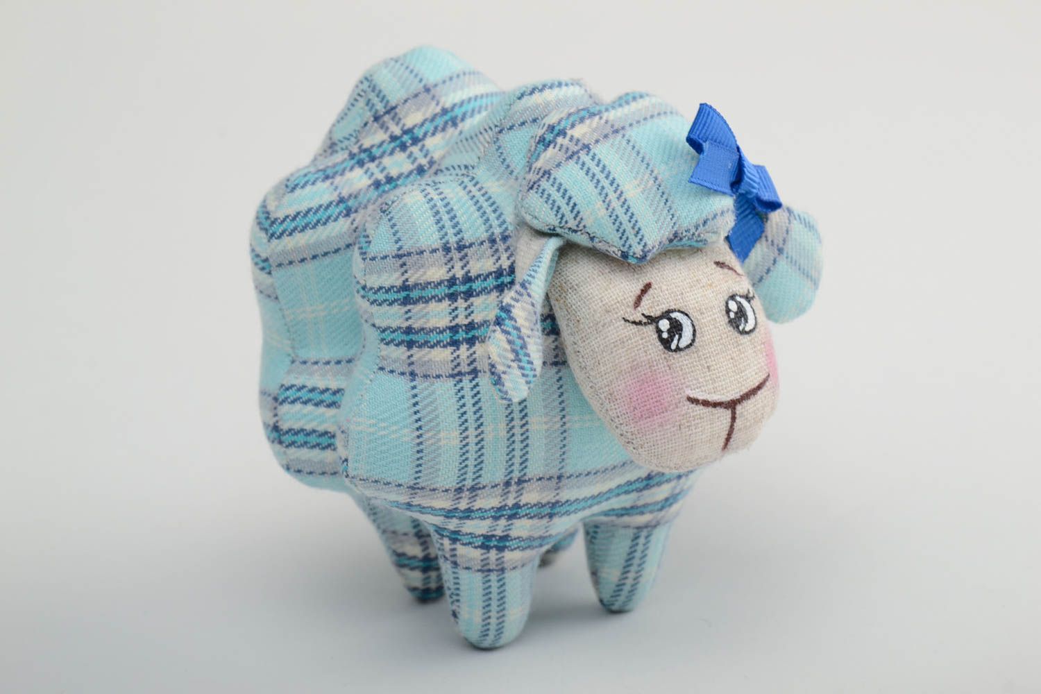 Handmade small blue checkered cotton and linen fabric soft toy lamb with bow photo 2