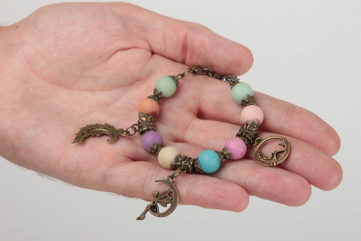 Handmade charm gemstone beaded bracelet with fancy bronze charms  photo 5