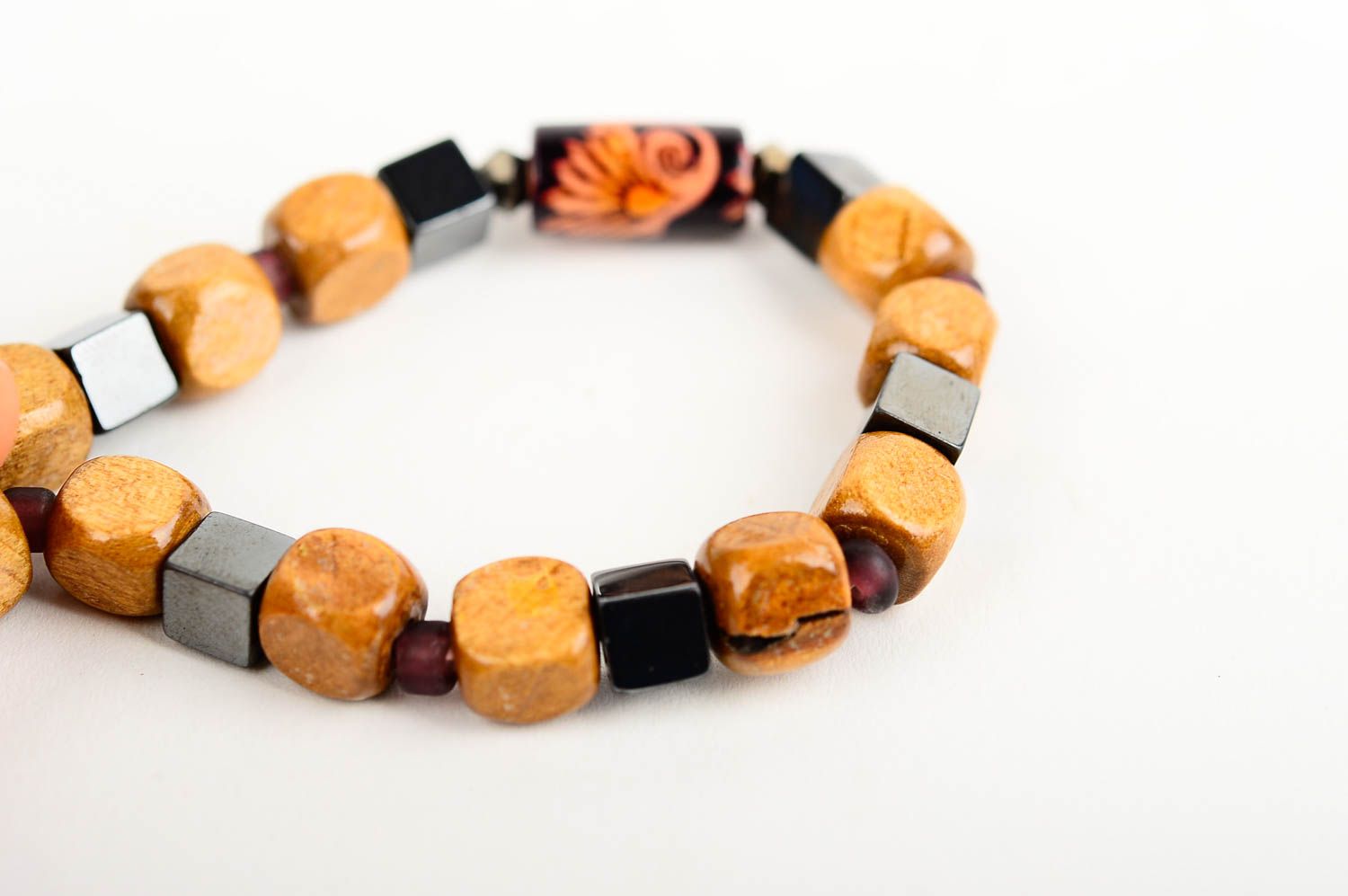 Bright black and brown handmade wooden beaded bracelet on elastic cord for women photo 5