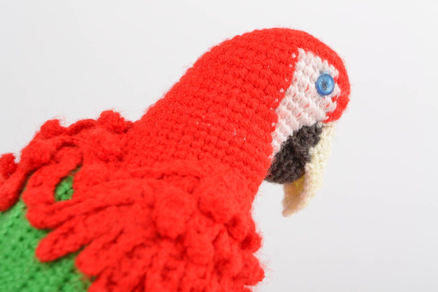 Handmade designer soft toy crocheted of colorful acrylic threads red parrot photo 4