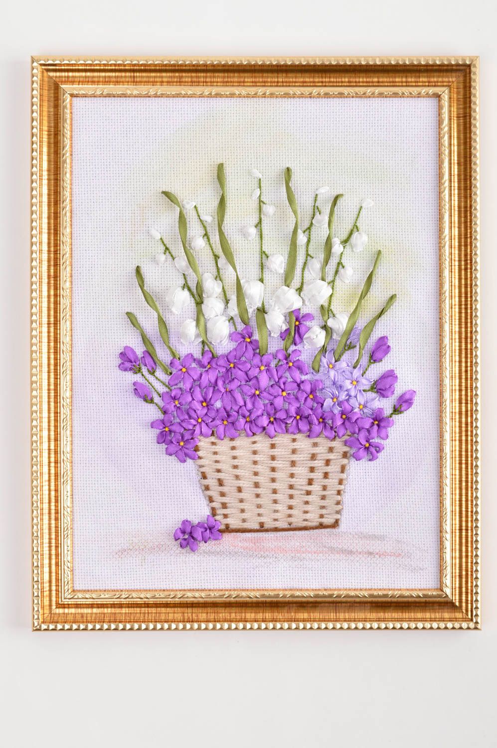 Handmade ribbon embroidery wall panel picture with flowers home interior decor   photo 1