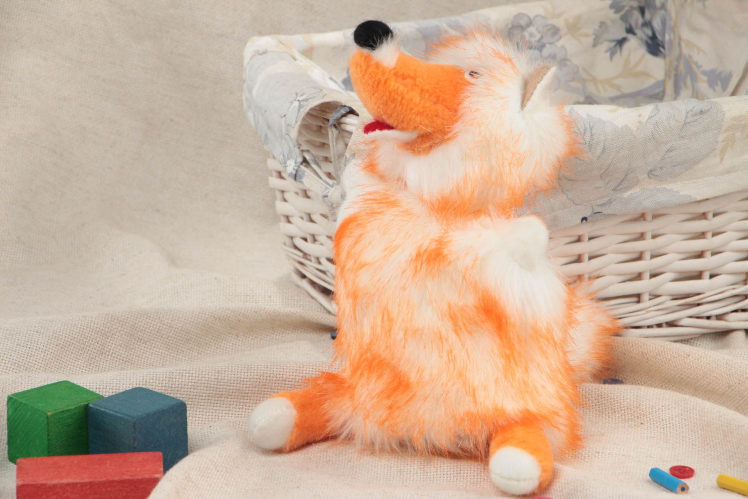 Fluffy handmade designer fur fabric puppet toy for home theater Red Fox photo 1