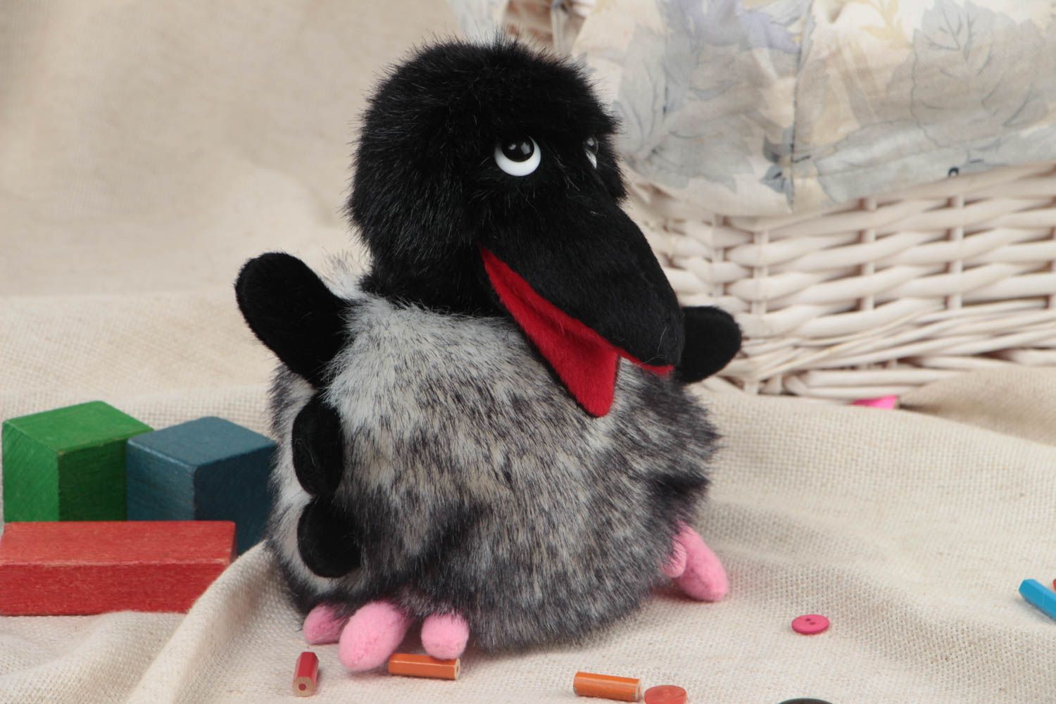 Handmade soft toy glove puppet sewn of black and gray faux fur Crow for kids photo 1