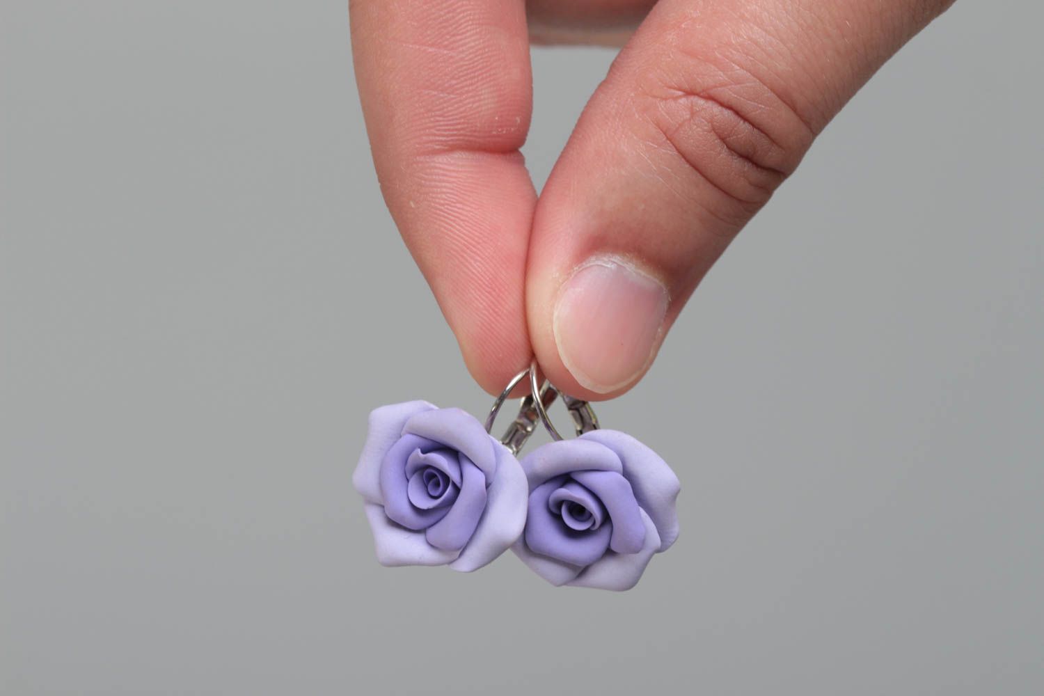 Handmade stylish dangle earrings with tender violet polymer clay rose flowers photo 5