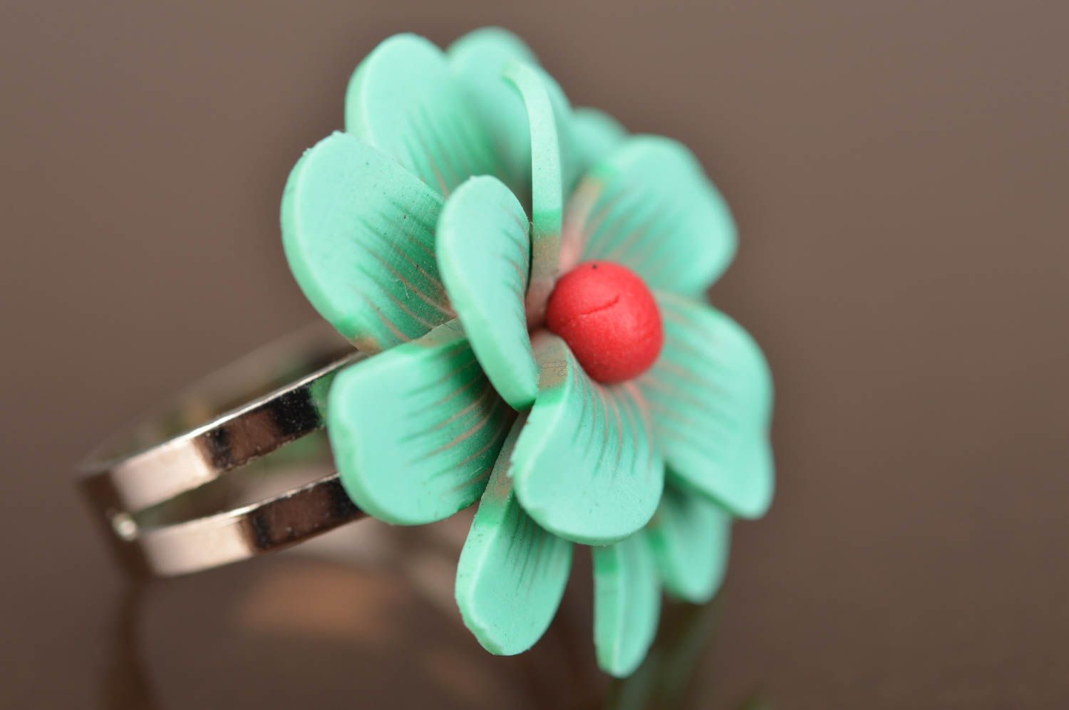 Handmade stylish cute unusual volume ring made of polymer clay with flower photo 5