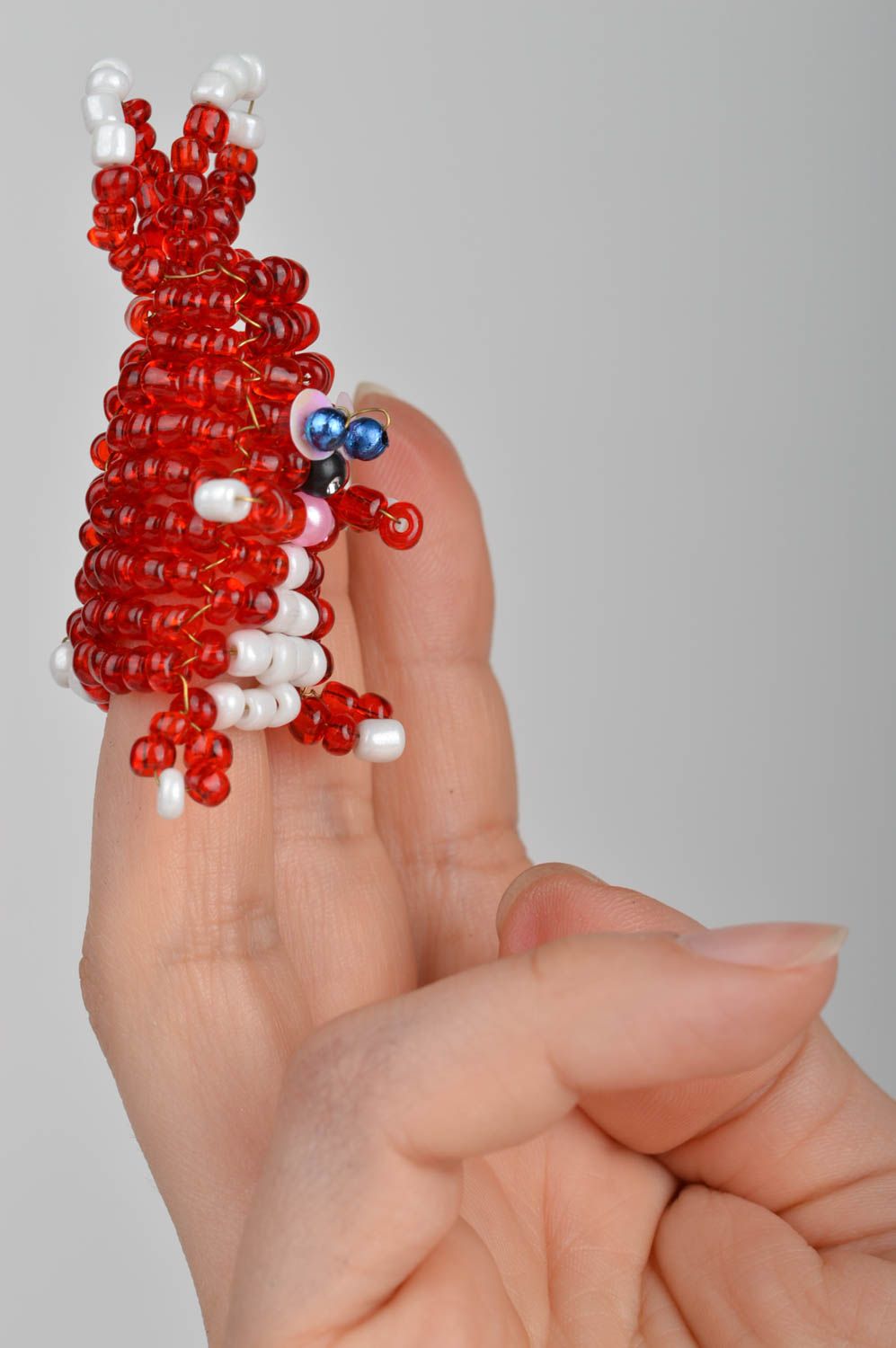Funny unusual cute rabbit made of beads handmade red finger doll for kids photo 4