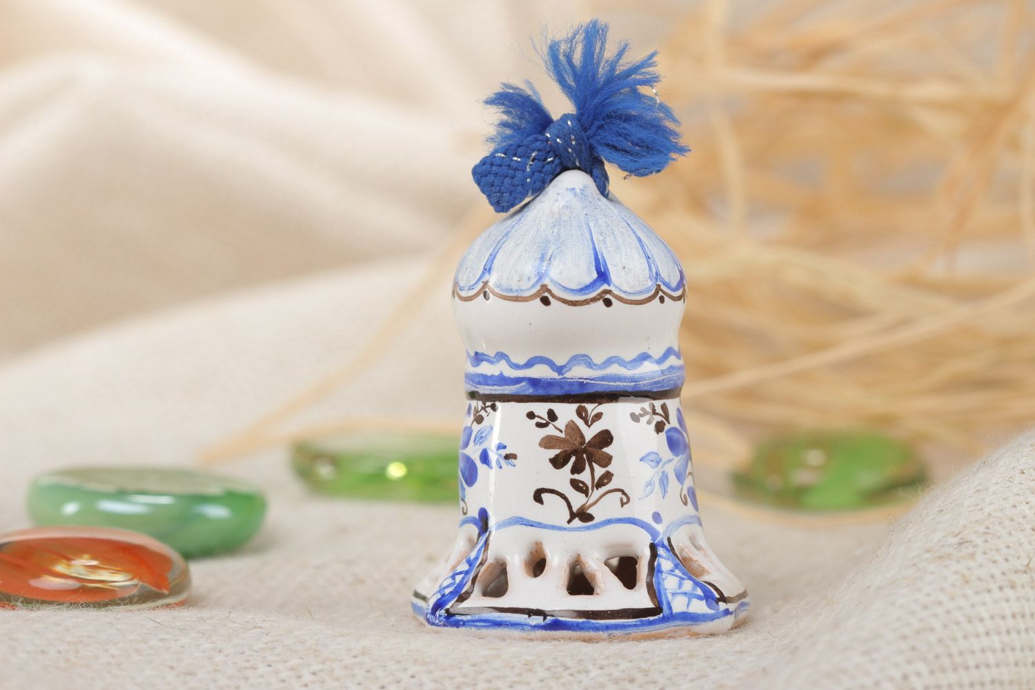 Miniature handmade white and blue ceramic bell with Gzhel painting photo 1