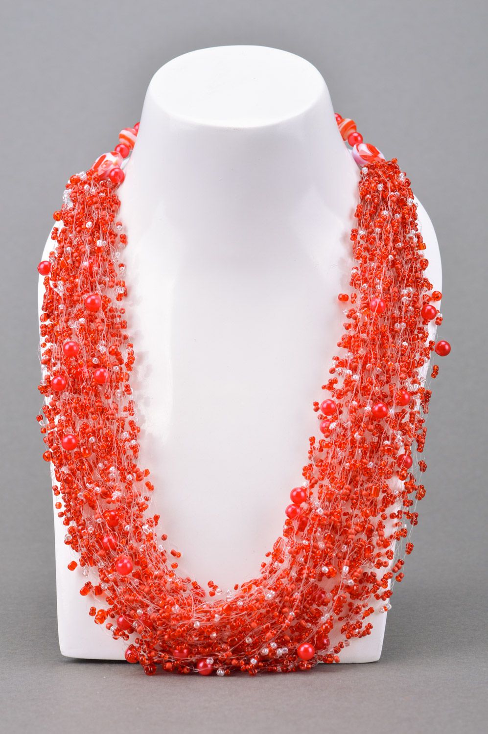 Grand collier de perles de rocaille rouge volumineux bijou original fait main photo 5