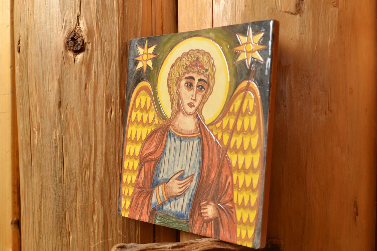 Ceramic tile painted with engobes Angel handmade decorative wall interior panel photo 1
