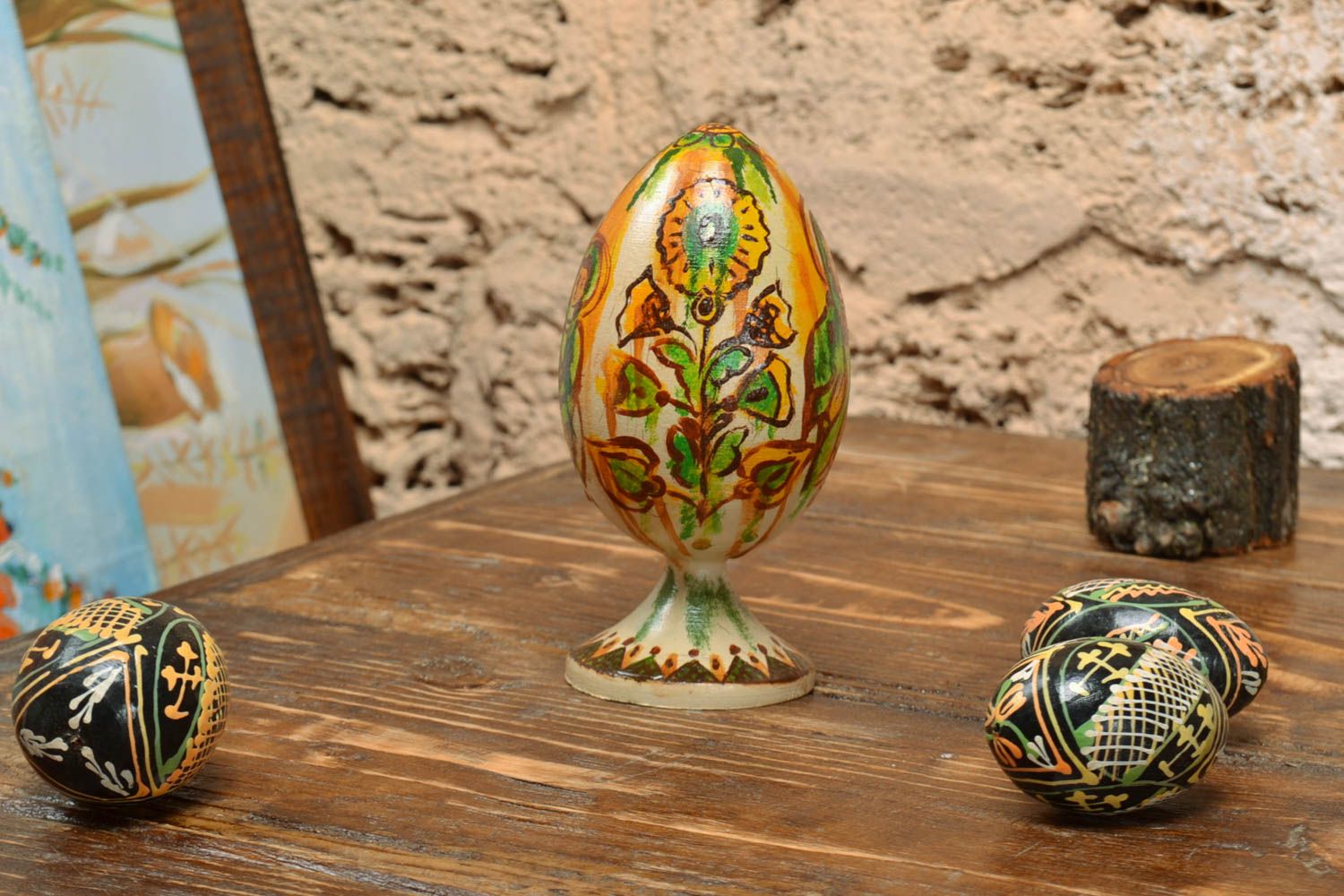Handmade designer wooden Easter egg painted with oils for home decor photo 1