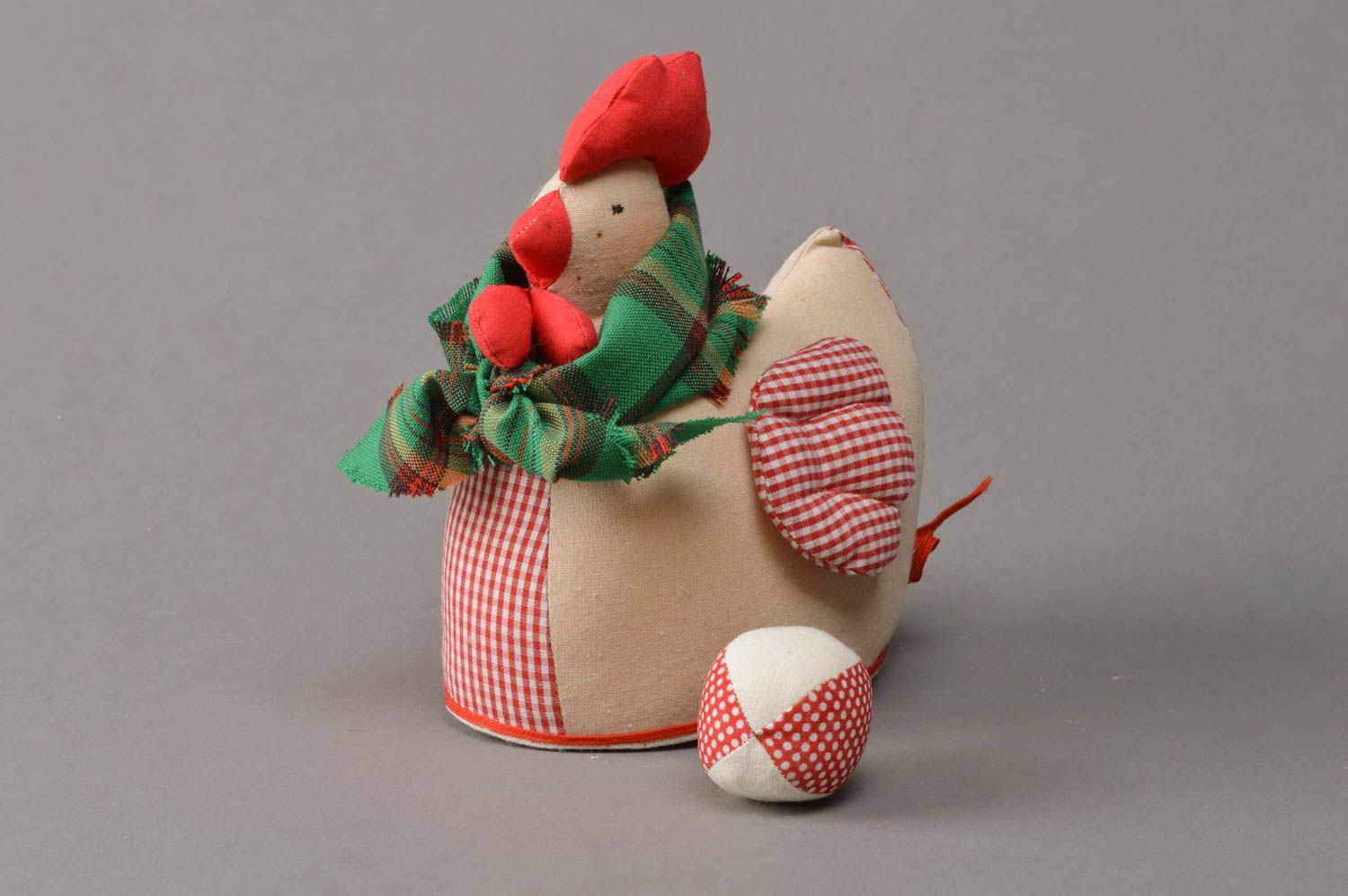 Handmade designer interior soft toy sewn of bright cotton fabric Chicken with egg photo 1