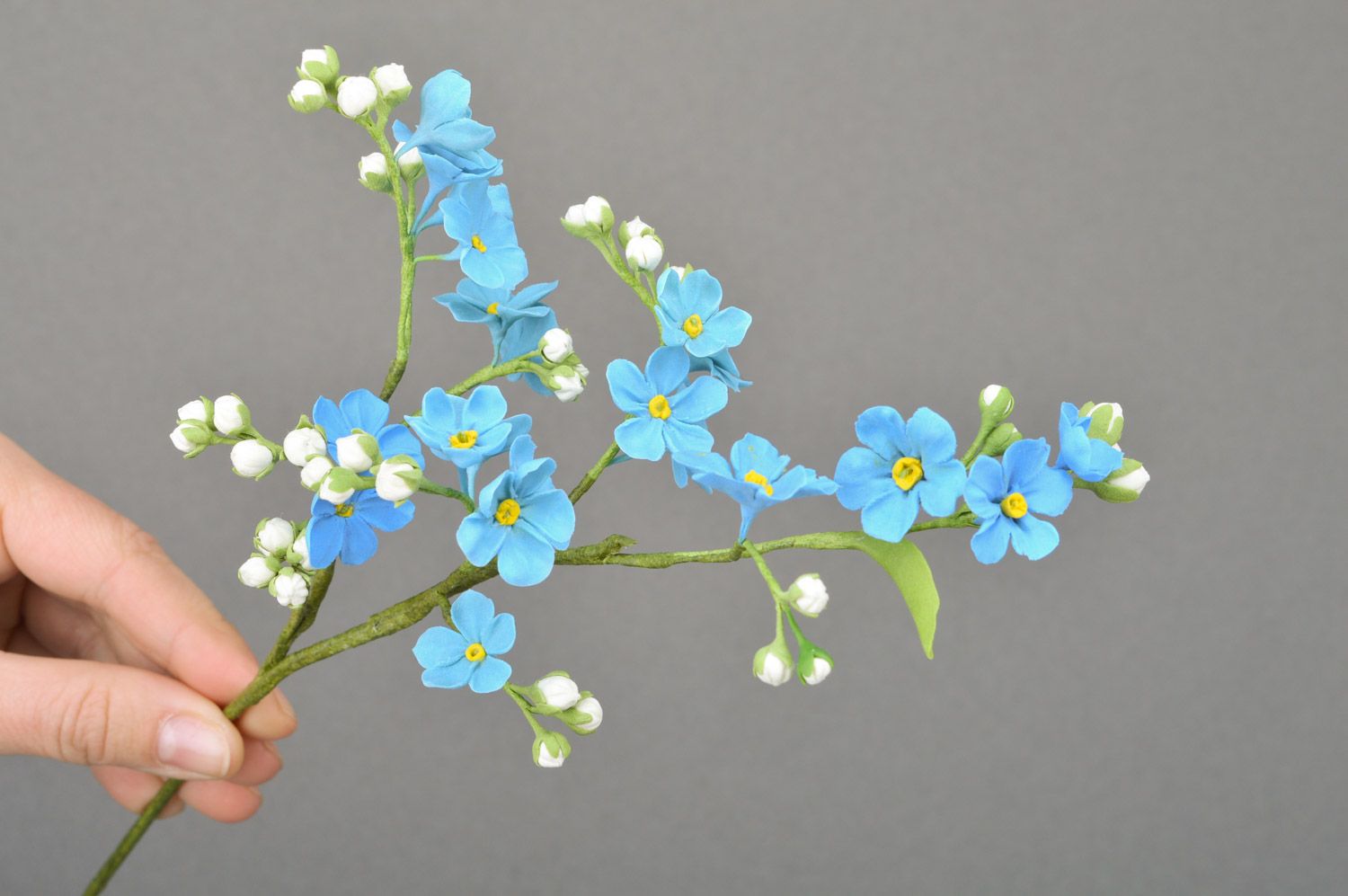 Handmade tender branch of decorative blue flowers molded of polymer clay photo 2