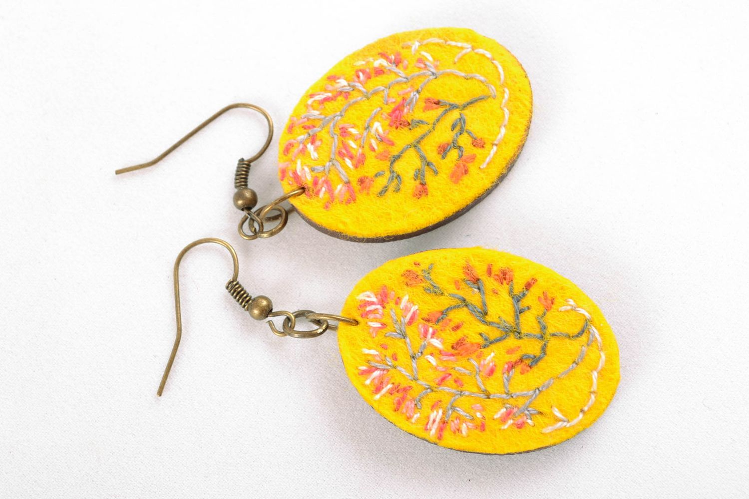 Bright yellow earrings of oval shape with embroidery photo 3
