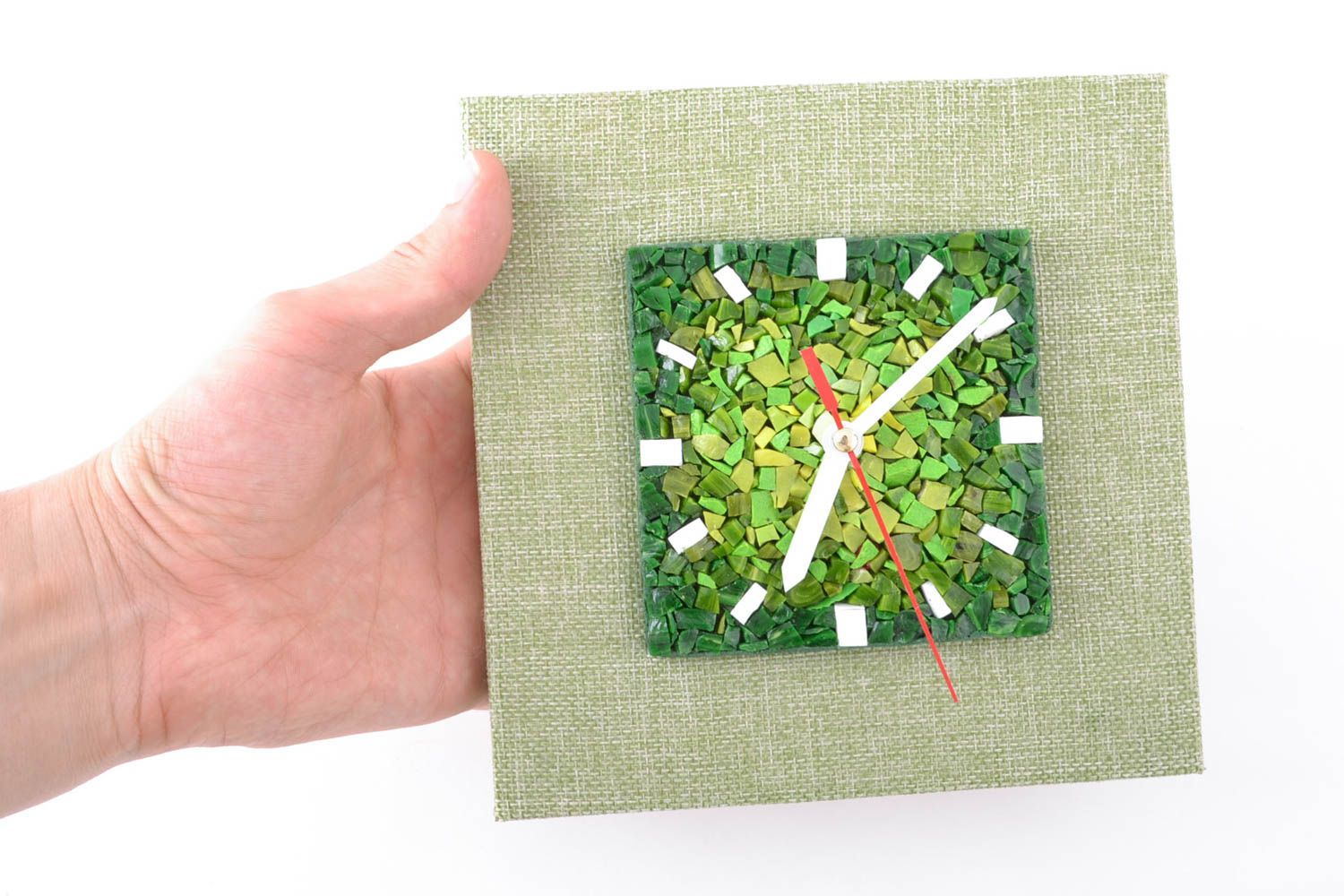 Pendule carrée décorée de tissu et mosaïque en smalt vert faite main Été photo 2