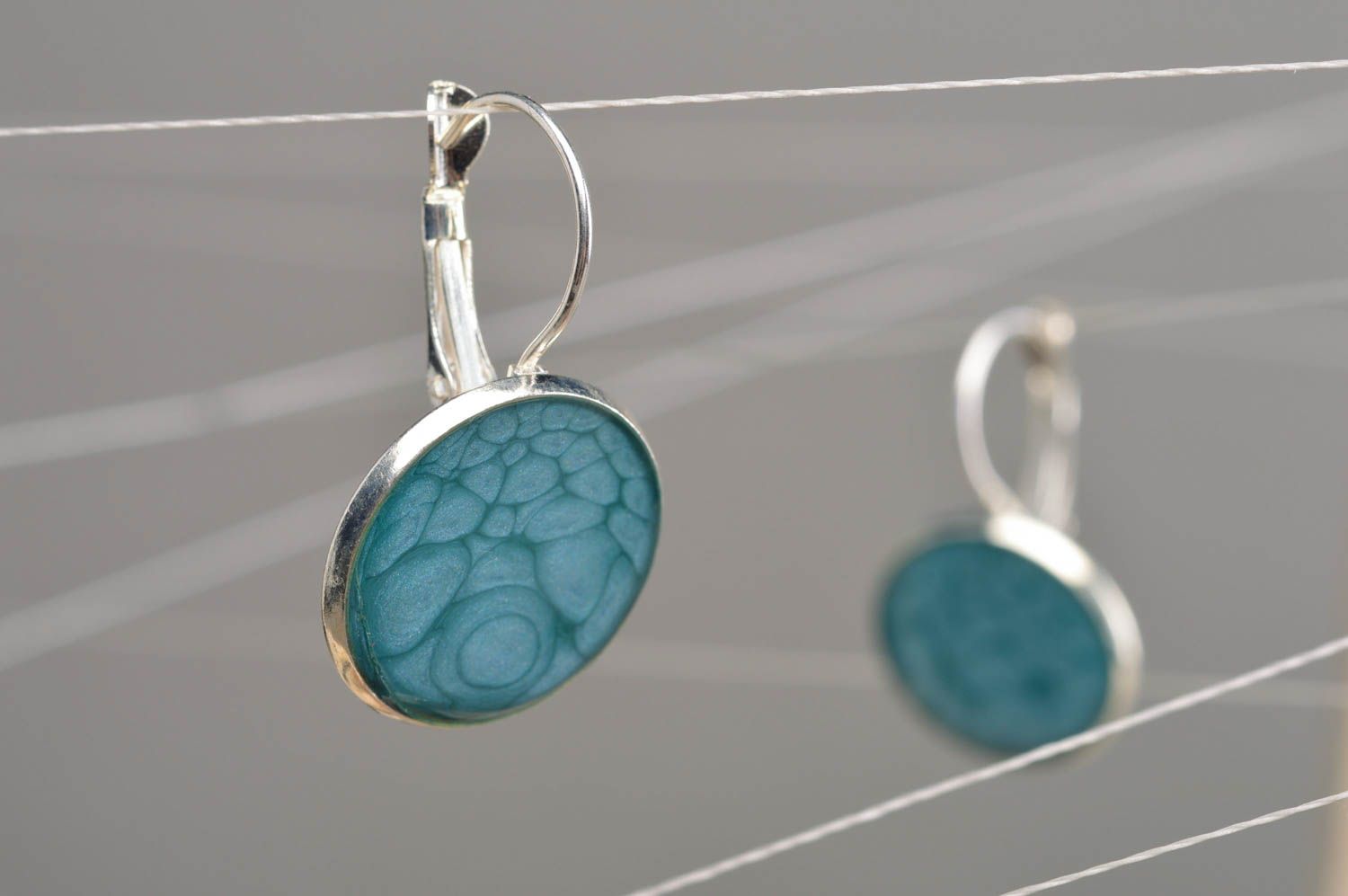 Handmade designer round blue decoupage dangling earrings with epoxy resin  photo 1