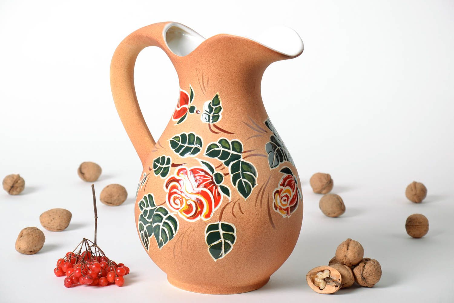 100 oz ceramic water jug with handle and floral design in beige color 4 lb photo 1