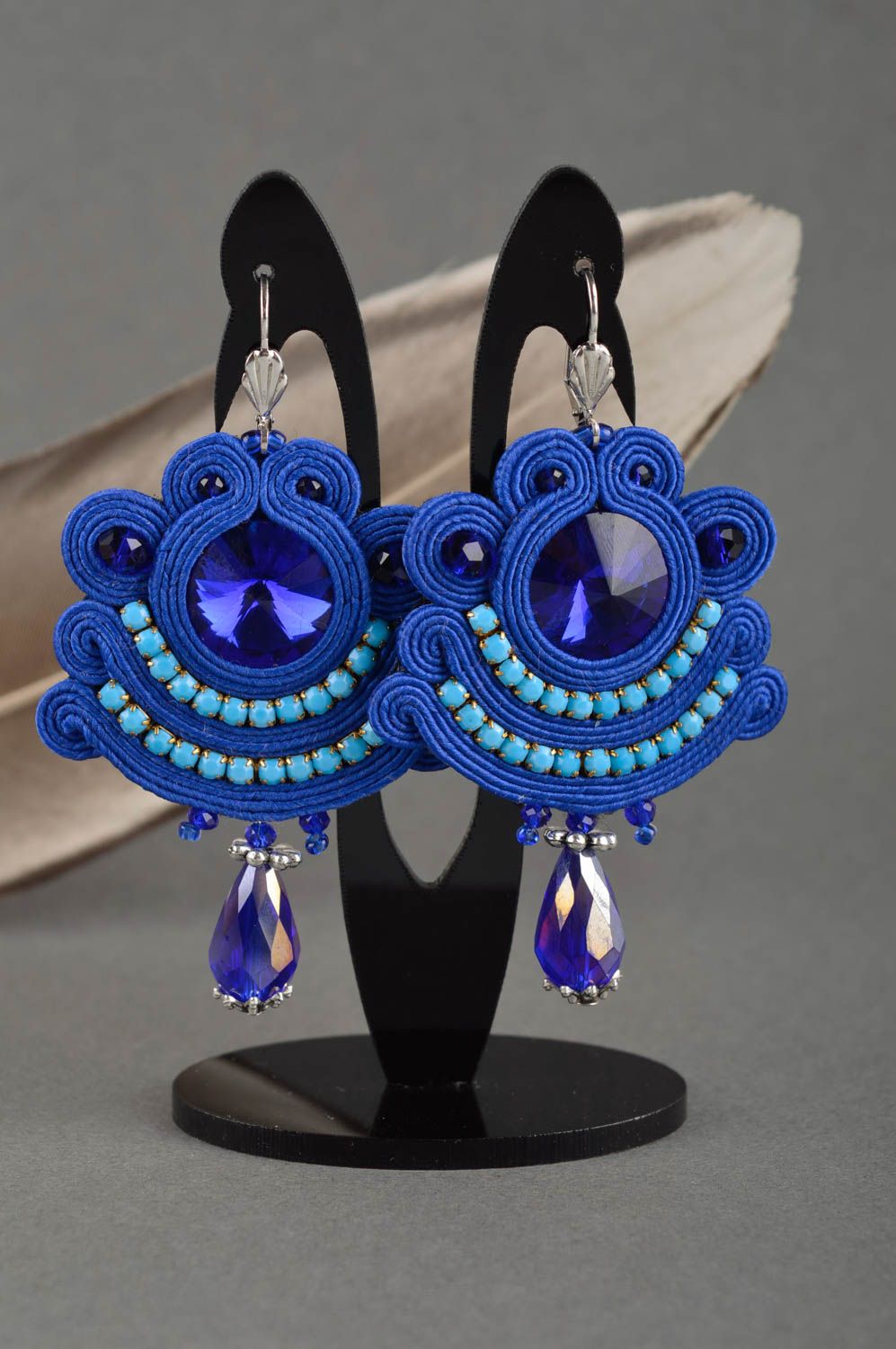 Pendientes artesanales elegantes azules bisutería soutache accesorios de moda foto 1
